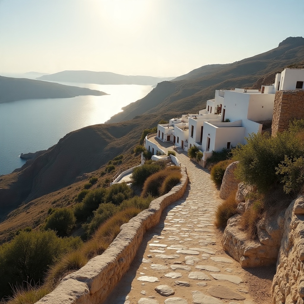 Ancient cobblestone caldera trail winding past whitewashed Cycladic villas toward Oia, Santorini, with sweeping Aegean Sea views at golden hour