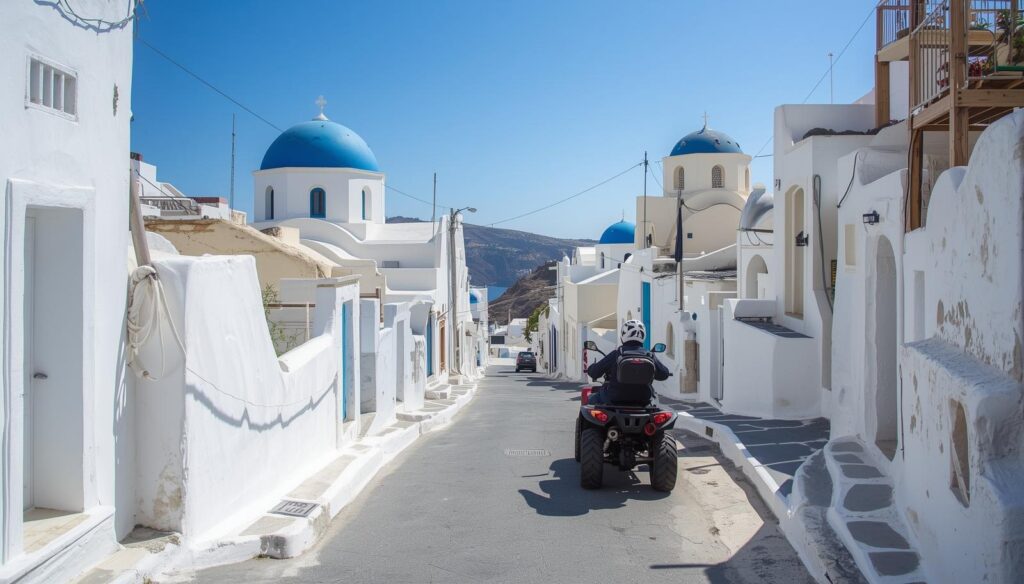 Person riding an ATV through narrow whitewashed streets with blue-domed churches in Santorini, Greece.