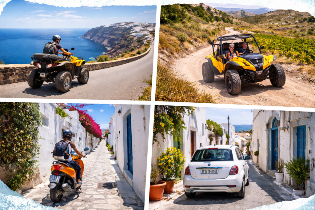 Tourists exploring Santorini roads with ATV buggy scooter and rental car on scenic island routes