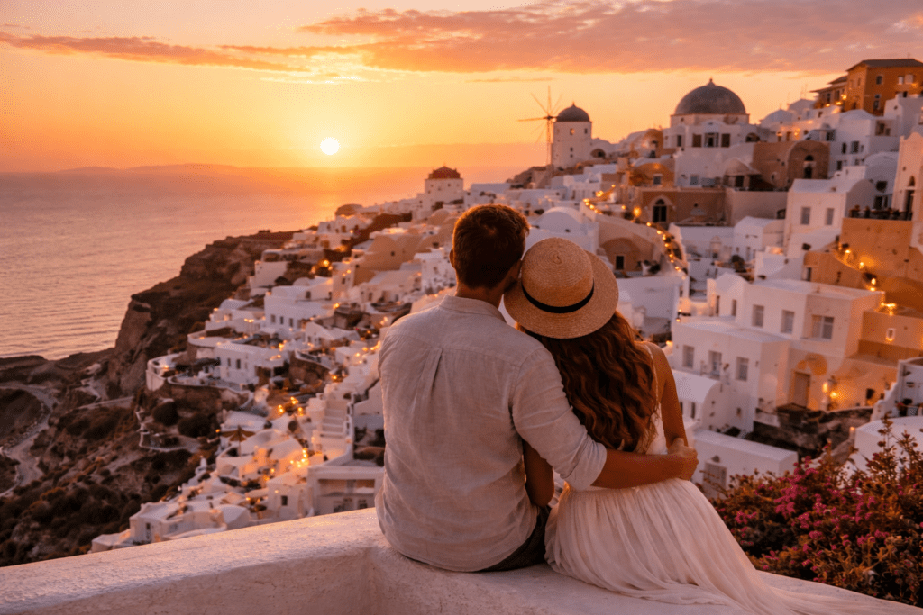 Couple watching sunset in Oia Santorini with caldera view and white houses at golden hour