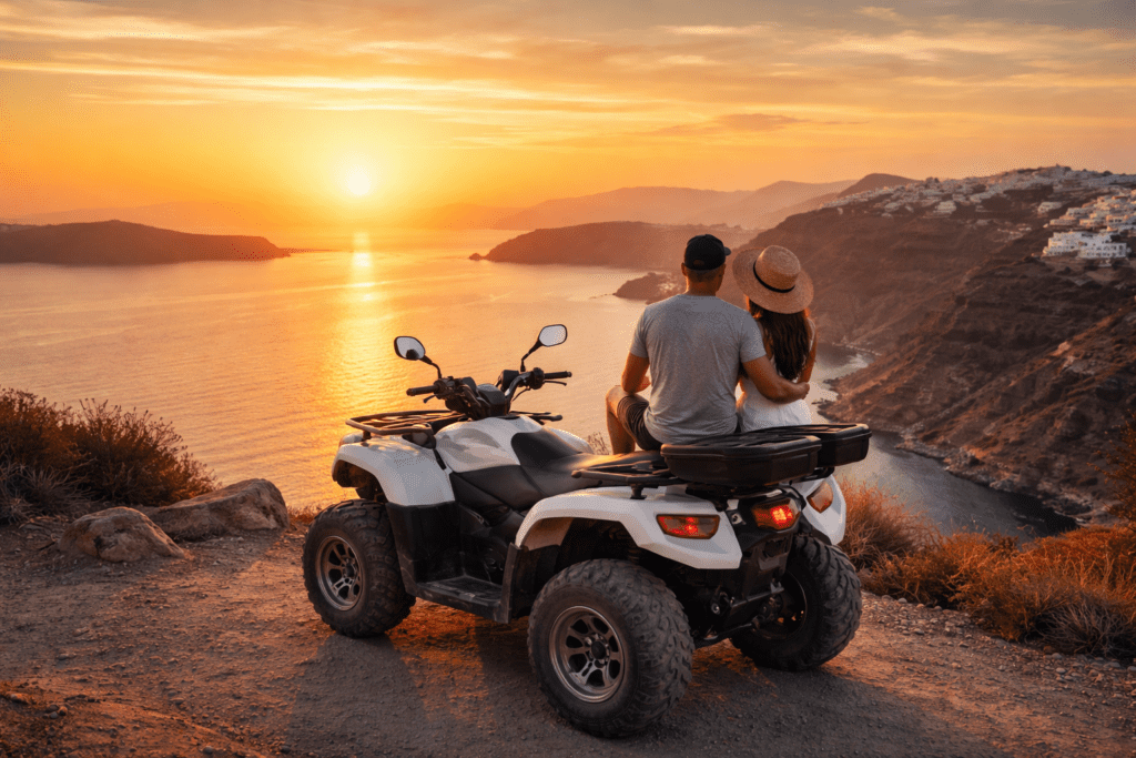 White ATV parked on a Santorini cliff overlooking the Caldera at sunset, with a couple sitting on the ATV enjoying the view of the sea and white buildings in the distance