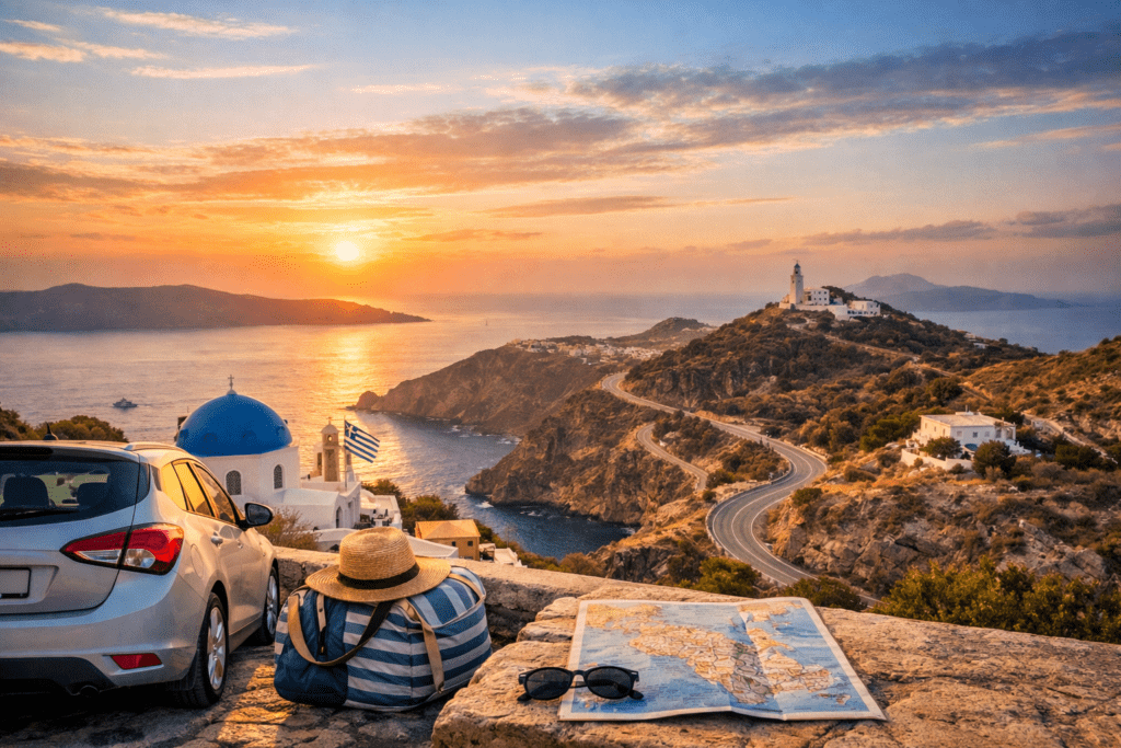 Rental car parked at a scenic Santorini viewpoint during sunset overlooking winding coastal road, blue-domed church, Aegean Sea, cliffs, lighthouse and traditional white villages.