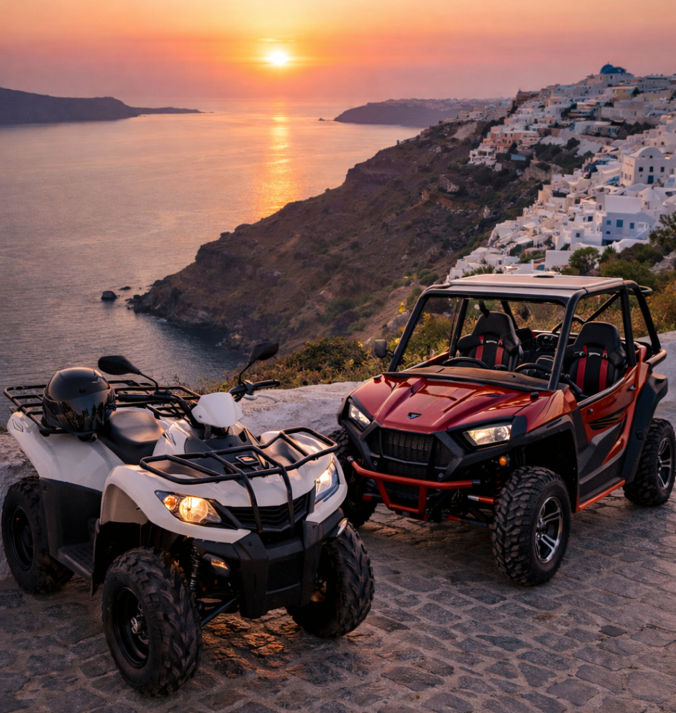 ATV and buggy rental vehicles at Santorini caldera sunset overlooking Oia and the Aegean Sea