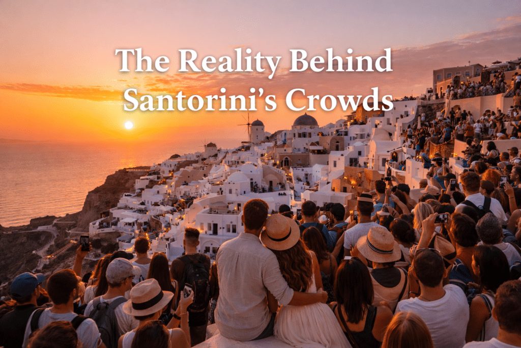 Crowded streets of Oia Santorini during sunset with tourists gathered along the caldera viewpoint