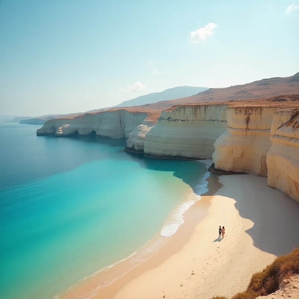 Turquoise bay with white sandstone cliffs, secluded sandy beach, and two people walking along the shore at Vlychada Bay in Santorini, Greece.