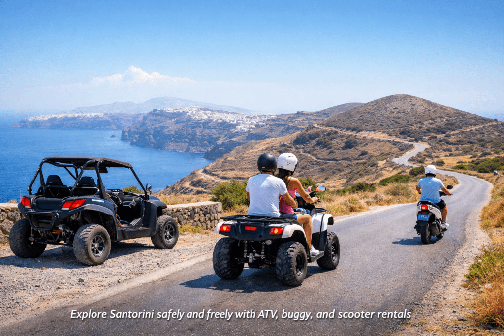 Travelers riding an ATV and scooter with a parked buggy on a scenic winding road overlooking the caldera coastline in Santorini