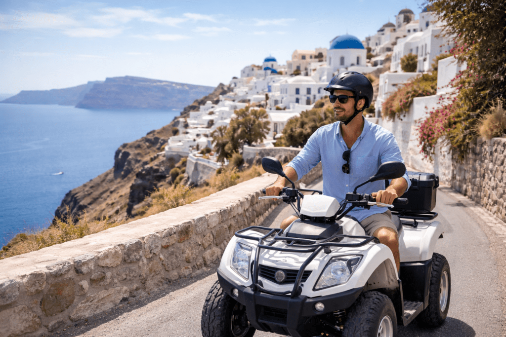 Tourist driving an ATV carefully on a narrow road in Santorini with white houses and caldera cliffs in the background