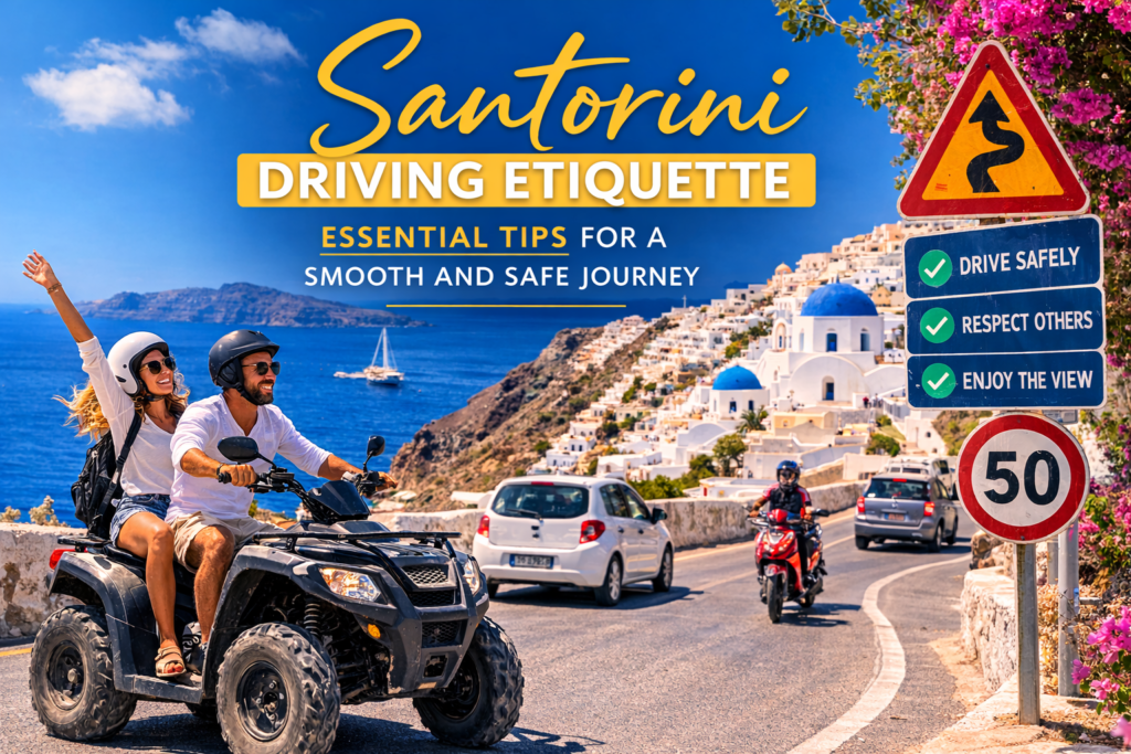 Woman riding a red ATV on a coastal road in Santorini near Oia with traffic safety signs and caldera views.