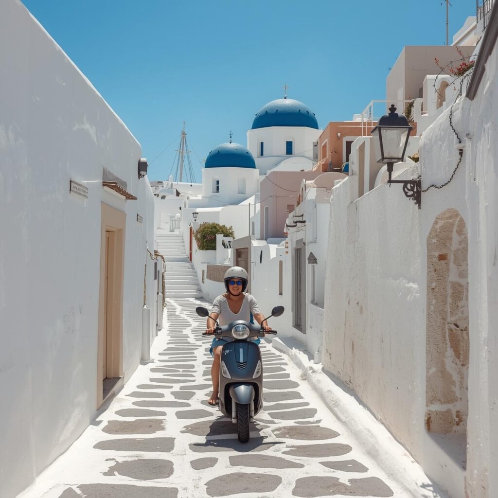 Local driving habits in Santorini Greece narrow streets scooter rental