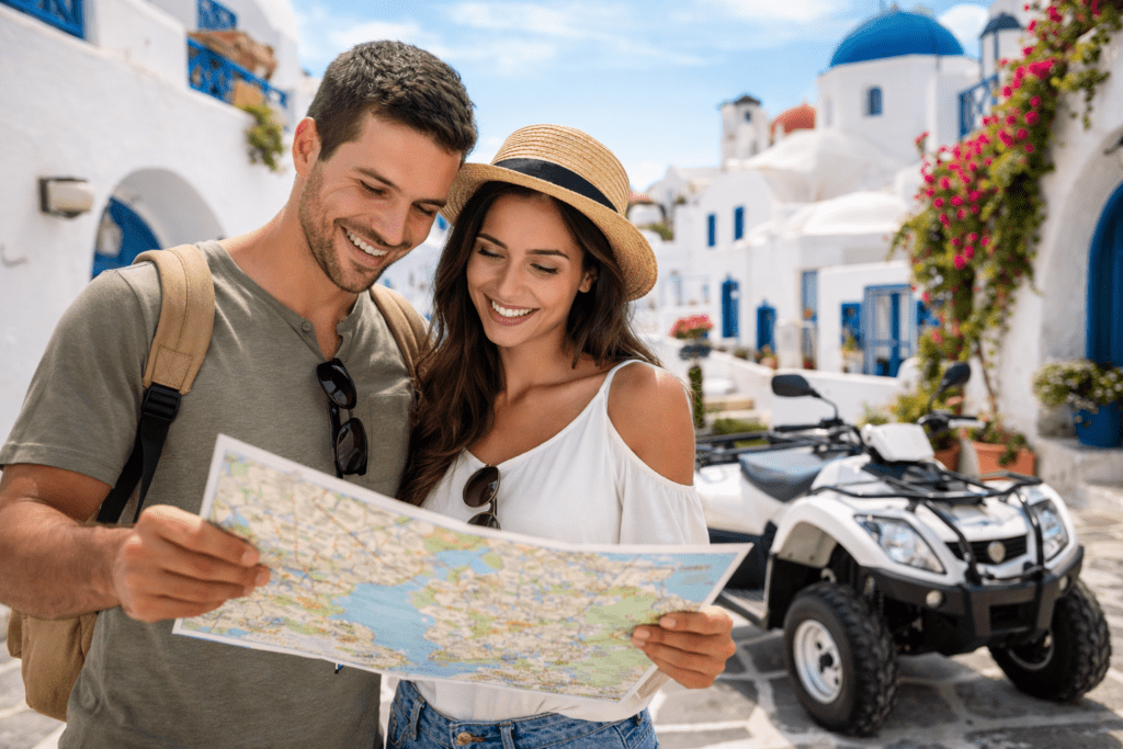 Couple smiling and holding a map in Santorini streets with a white ATV in the background, surrounded by white-washed buildings and blue accents, landscape view