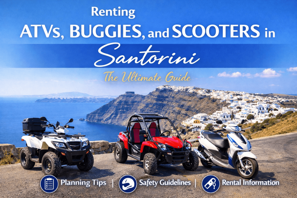ATV, buggy, and scooter parked on a scenic coastal road in Santorini with white cliffside villages and the Aegean Sea in the background.