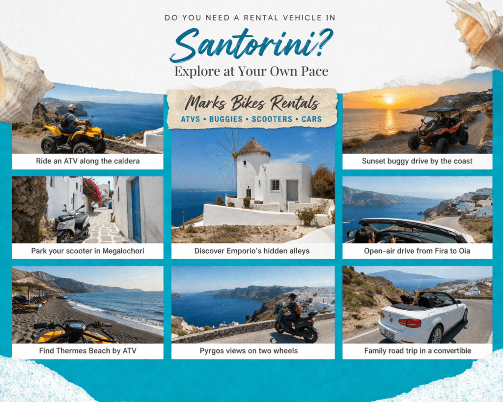 Santorini travel collage showing ATV, buggy, scooter, and convertible car exploring scenic coastal roads, villages, and beaches across the island.
