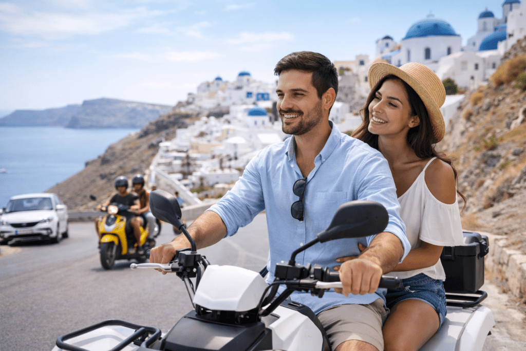 A happy couple holding a map on a Santorini street with an ATV nearby, planning their first-time island adventure.