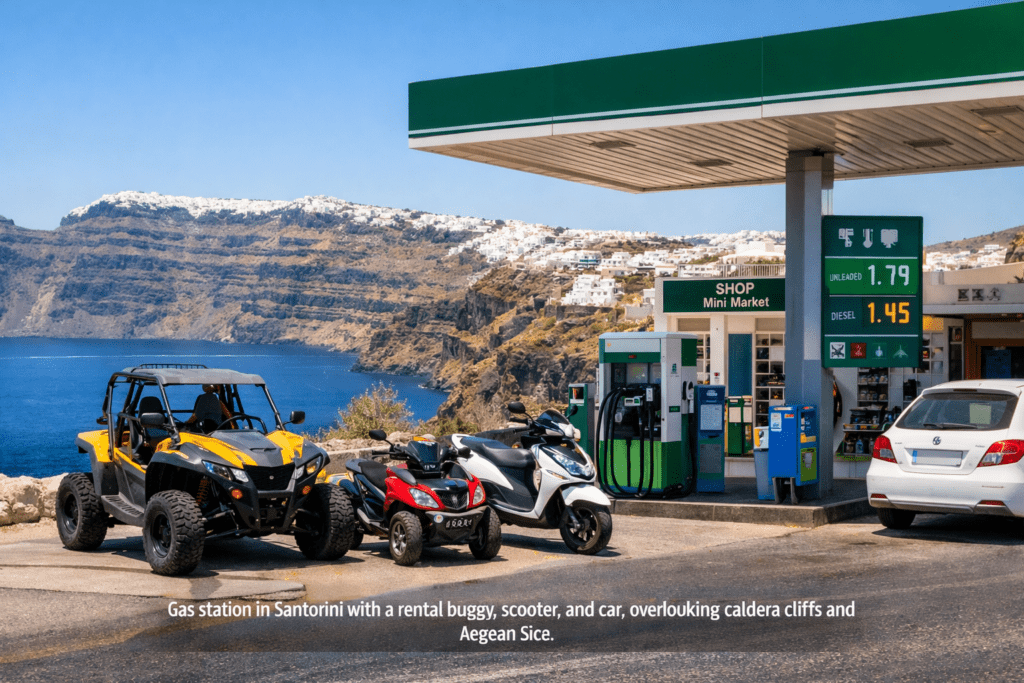 ATV, buggy, and scooter refueling at a gas station in Santorini with caldera cliffs and the Aegean Sea in the background.