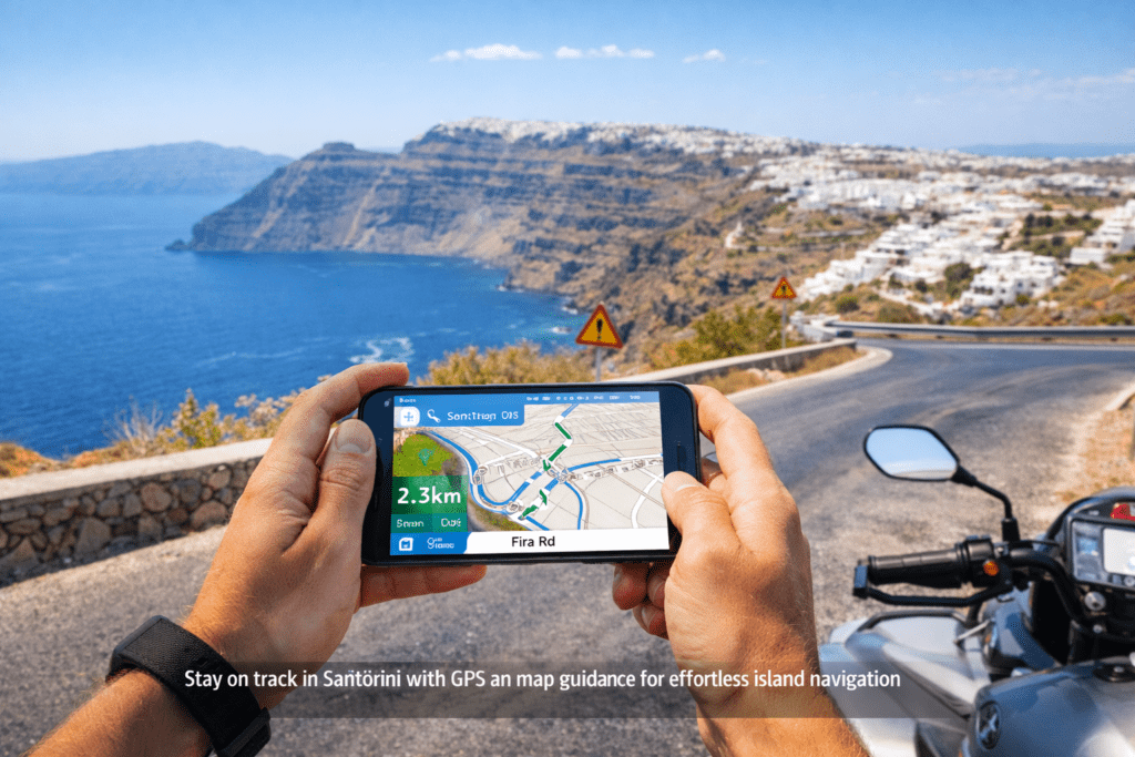 Tourist navigating roads in Santorini using a smartphone GPS while riding an ATV with caldera cliffs and the Aegean Sea in the background.