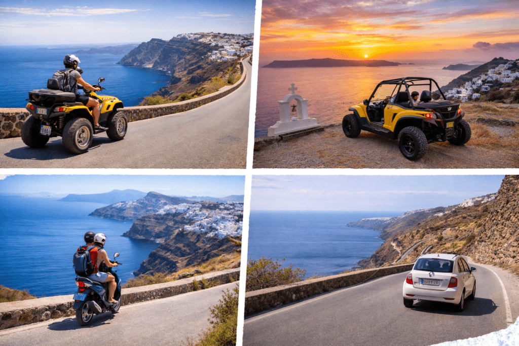 Tourists exploring Santorini coastal roads with ATV, buggy, scooter and small rental car overlooking the caldera sea views.