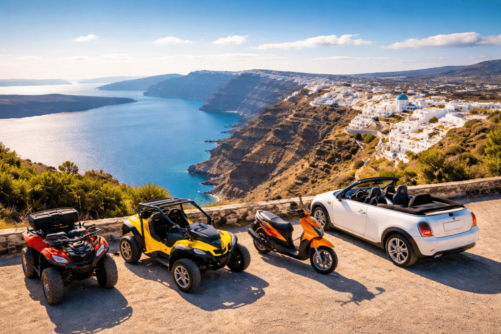 ATV, buggy, scooter, and convertible car parked on a scenic Santorini viewpoint overlooking the caldera, white Cycladic buildings, and the blue Aegean Sea.