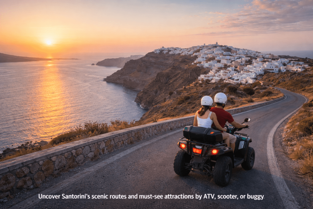 Couple riding an ATV on a scenic coastal road near Oia with views of the Aegean Sea in Santorini.