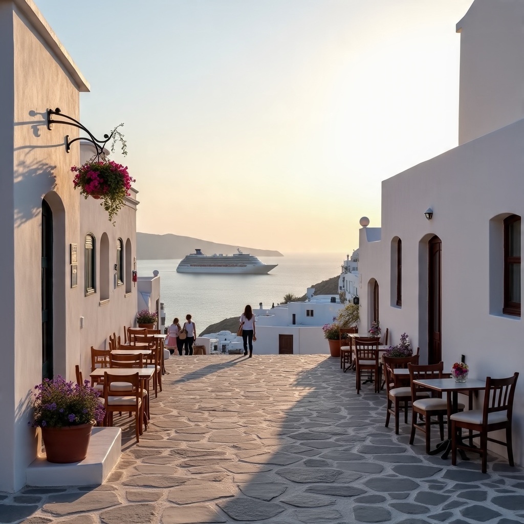 Stone-paved alley in Fira, Santorini with outdoor café tables, whitewashed houses, and people walking toward a cruise ship on the Aegean Sea at sunset.