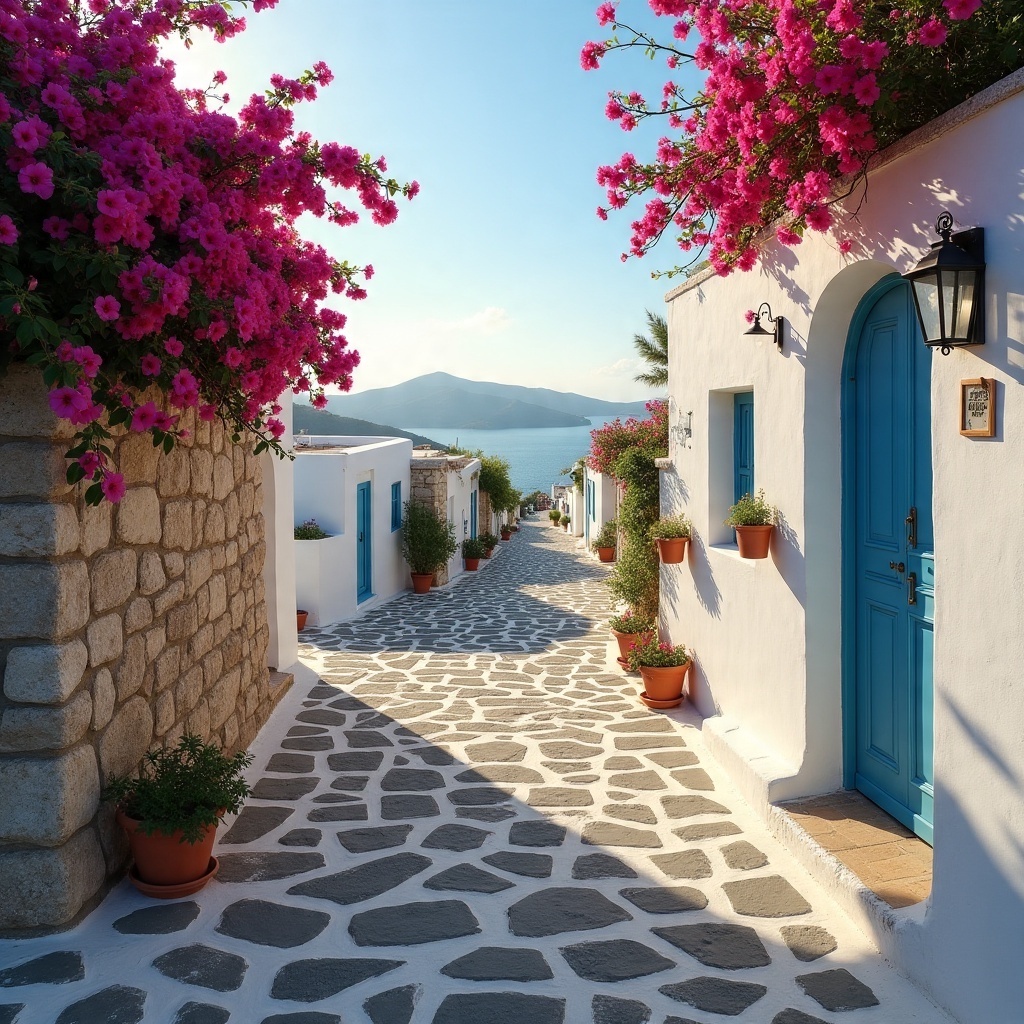 Whitewashed Greek island alley with stone-paved street, bright pink bougainvillea, blue doors, and sea view at sunset in Santorini, Greece.