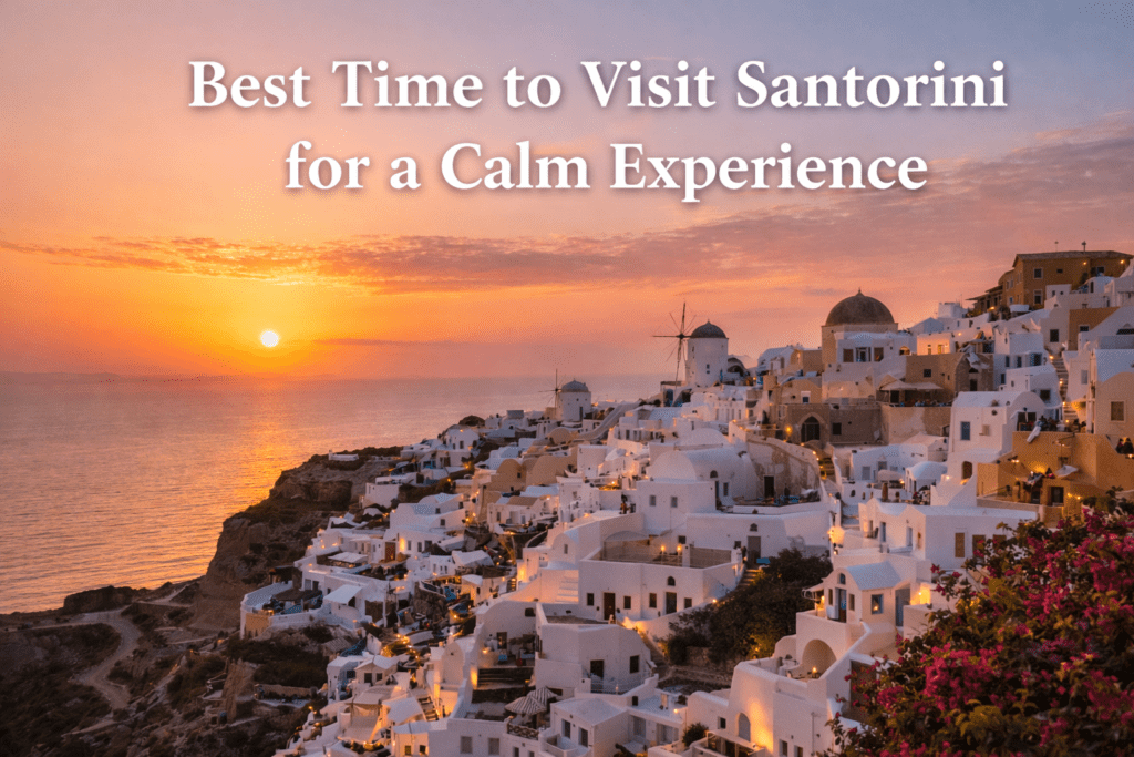 Sunset landscape of Oia Santorini with white houses and caldera view, text overlay Best Time to Visit Santorini for a Calm Experience