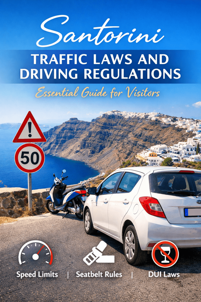 Car and scooter parked on a scenic coastal road in Santorini with traffic signs and caldera views, illustrating traffic laws and driving regulations for visitors.