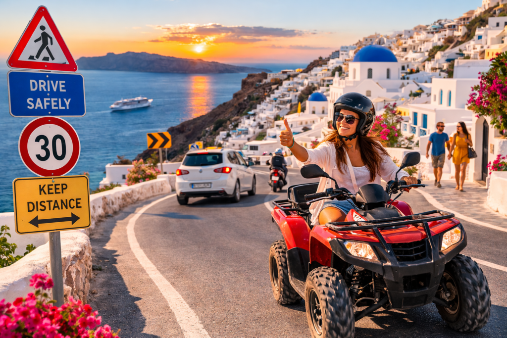 Couple riding an ATV on a scenic coastal road in Santorini with white cliffside houses and the Aegean Sea.